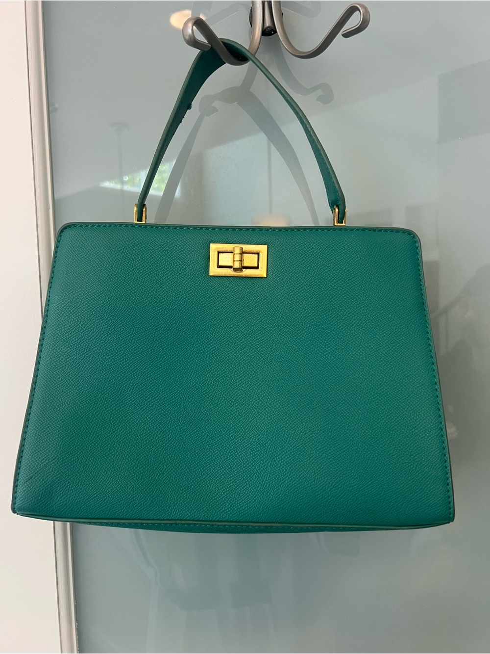 Structured Teal Top-Handle Leather Tote with Gold Twist Lock